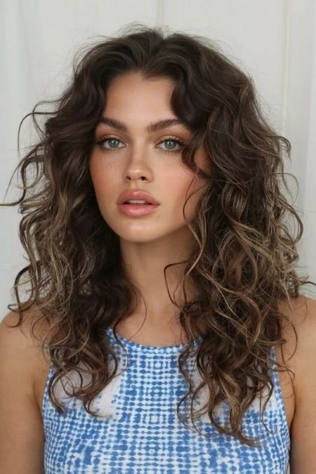 Beautiful woman with voluminous natural wavy hair and striking blue eyes, wearing a blue patterned sleeveless top, looking directly at the camera with a confident expression.