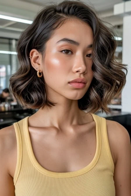 Elegant woman with wavy, shoulder-length hair and natural makeup, wearing a yellow tank top, in a bright, contemporary interior. Perfect for beauty, skincare, and haircare themes.
