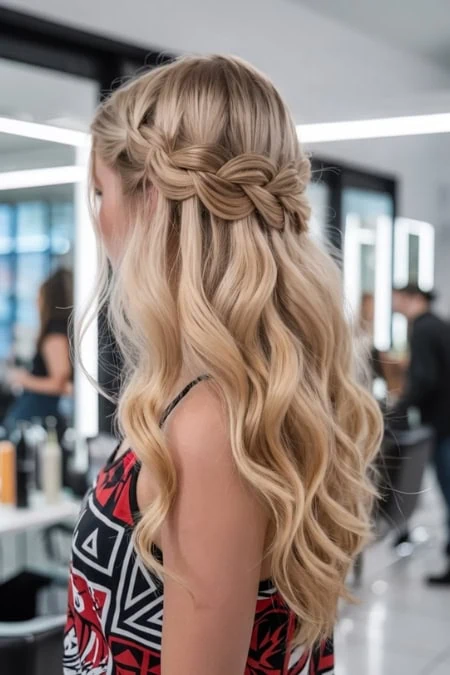 Blonde woman with long, wavy hair styled with a braided crown, showcasing a beautiful and elegant hairstyle suitable for special occasions or everyday wear.