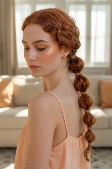 Freckled woman with red hair styled in a bubble braid, wearing a peach-colored top, in a bright, cozy living room setting.