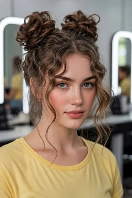 Young woman with playful double wavy buns hairstyle in a modern salon.