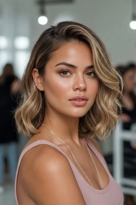 Elegant woman with styled blonde hair, natural makeup, and confident expression in a professional environment, representing beauty, confidence, and self-care.