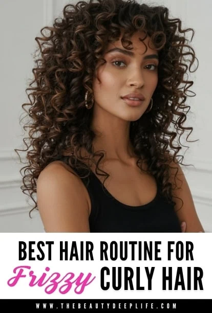 Woman with voluminous, curly hair showcasing a healthy hair routine for fuzzy, curly hair types, emphasizing hair care tips and styling for natural curls.