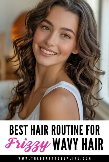 Beautiful young woman with wavy, frizzy hair smiling indoors, promoting hair care tips for managing frizz and enhancing natural waves.