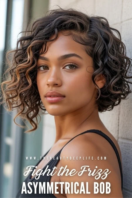 Beautiful young woman with curly, asymmetrical bob hairstyle.