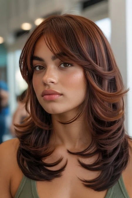 A woman with stunning auburn hair styled in soft, voluminous waves, showcasing healthy, shiny hair perfect for a beauty and haircare website.