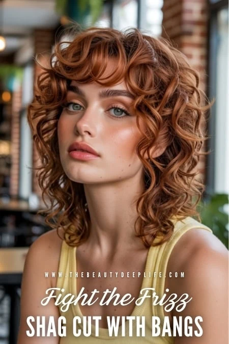 Elegant red curly hairstyle with bangs..