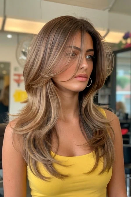 Beautiful woman with long, layered blonde hair styled in soft waves, wearing a yellow top, in a modern salon setting, showcasing hair styling and beauty care.