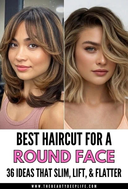 Women with round face shapes and stylish, layered haircut ideas featuring soft waves and face-framing bangs, ideal for slimming and lifting a round face shape.