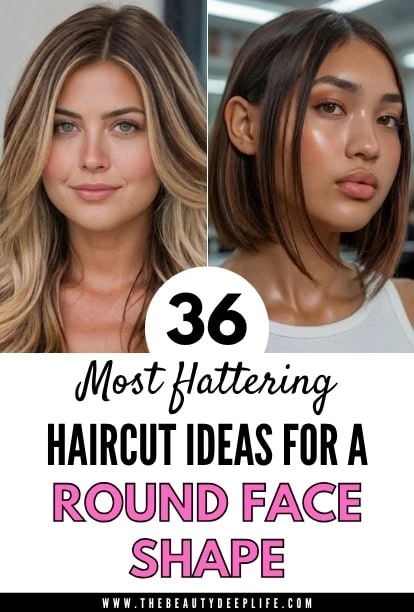 Elegant haircut ideas for round face shapes featuring soft waves and sleek bobs, perfect for enhancing facial features and creating a flattering, stylish look.