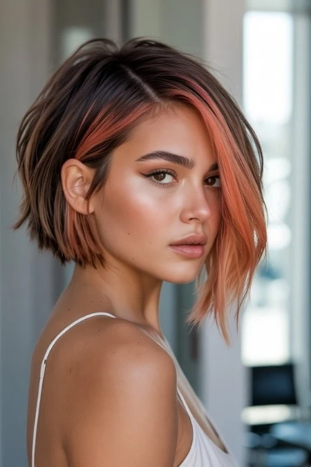 Vibrant short bob hairstyle featuring rose-colored highlights, perfect for a modern, stylish look. The image showcases a young woman with a confident expression, emphasizing trendy hair color and a haircut for a roud face.