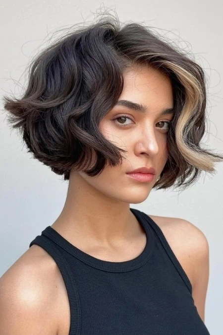 Stylish short hairstyle featuring a layered bob with blonde highlights and dark roots, perfect for a modern, edgy look. Suitable for women seeking a trendy, low-maintenance haircut.