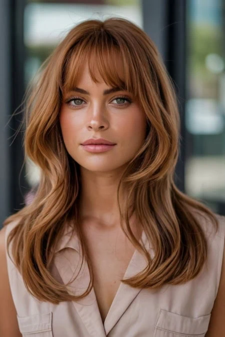 Elegant woman with long, wavy auburn hair and natural makeup, posing indoors with a blurred background. Perfect for beauty, hair care, and lifestyle content.