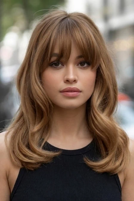 Portrait of a young woman with wavy auburn hair, subtle makeup, and a confident expression, standing outdoors in an urban setting with blurred background. Perfect for beauty, hair, and skincare conten.