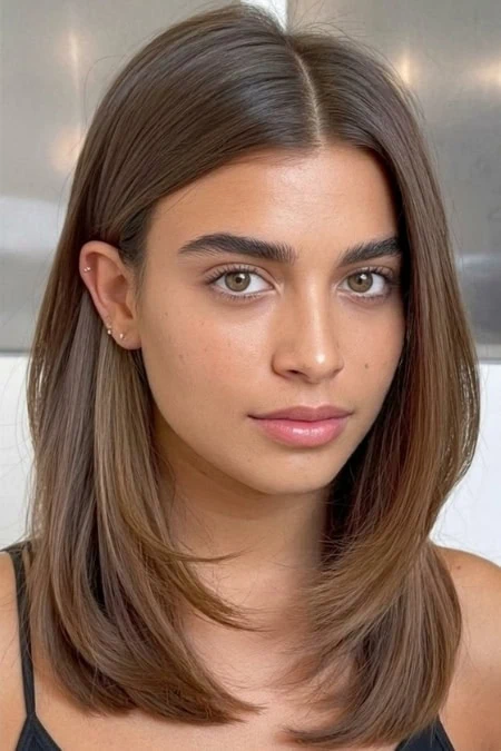 Young woman with clear skin and natural makeup, showcasing healthy hair and confident expression.