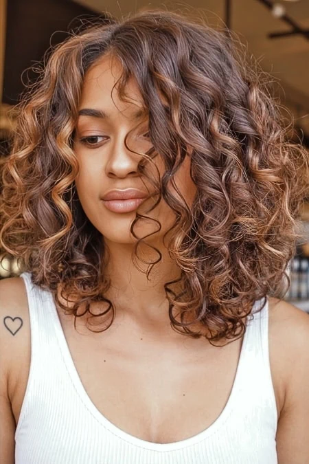 Woman with beautiful, voluminous curly hair at a beauty salon, showcasing hair styling and hair care services for a confident, stylish look.