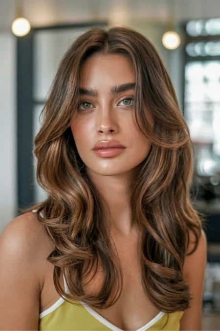 A portrait of a young woman with a round face long, wavy brown haircut and striking blue eyes, showcasing flawless skin and natural makeup. The background features a contemporary, well-lit interior, emphasizing beaut.