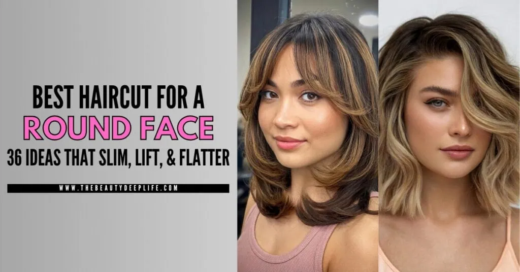 Elegant women with stylish, layered hairstyles showcasing a flattering haircut for round face shapes. Perfect for those seeking slim, lifted, and flattering haircuts to enhance facial features.