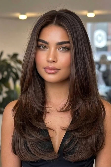 A portrait of a young woman with long, smooth, and shiny brown hair, showcasing healthy hair styling in a professional salon environment. Perfect for beauty, hair care, and styling topics.