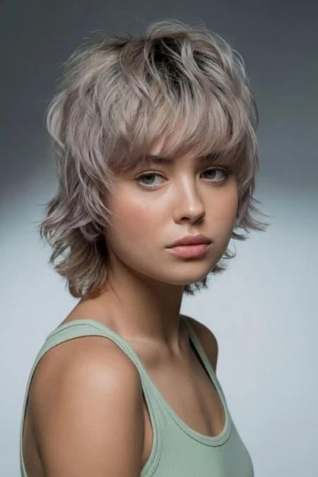Blonde modern mullet haircut featuring textured layers and a tousled look, perfect for a trendy, edgy appearance for a round face. Ideal for those seeking a stylish, low-maintenance haircut that enhances facial features.