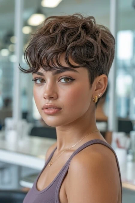 Modern woman with short, curly hairstyle at a beauty salon, showcasing trendy haircuts and professional hair styling services for a fresh, stylish look.