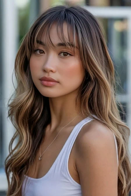 Elegant woman with long, wavy hair and subtle makeup, wearing a white tank top, outdoors with blurred greenery background, showcasing natural beauty and skincare.