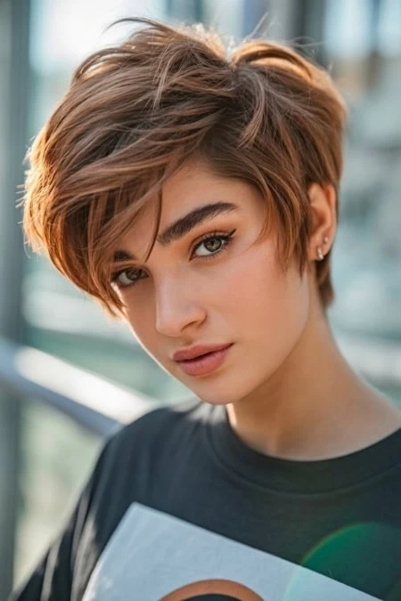 A young woman with a stylish, short, layered haircut and natural makeup, posing outdoors with a blurred city background. Perfect for beauty, haircare, and fashion content.