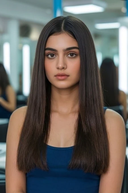 Young woman with long, straight, shiny hair in a beauty salon, showcasing hair care and styling services for a beauty and wellness website.