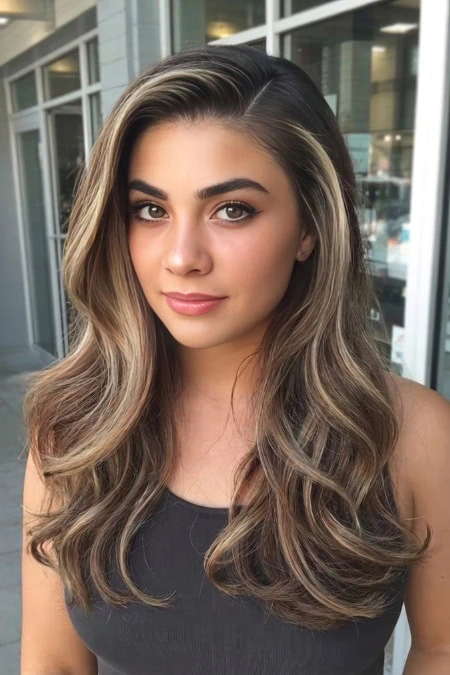 Young woman with long, wavy hair, natural makeup, and confident expression, standing outdoors near a modern building, showcasing beauty and skincare.