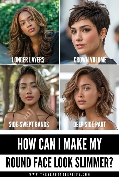 Enhance your round face with layered hairstyles, crown volume, side-swept bangs, and a deep side part for a slimming effect. Discover expert tips for flattering haircuts at The Beauty Deep Life.