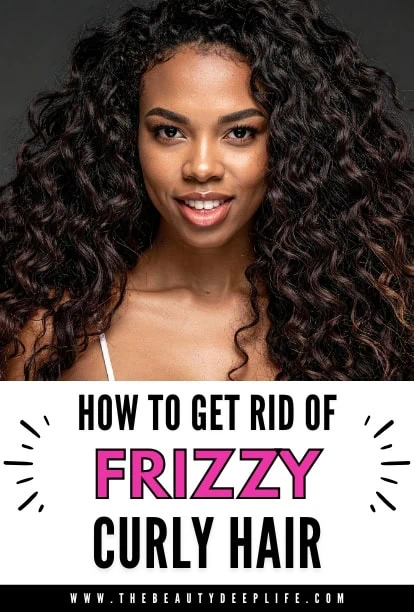 Beautiful woman with curly hair demonstrating frizz control and smooth hair techniques for healthy, shiny curls. Perfect for those seeking a frizz-free hairstyle guide.