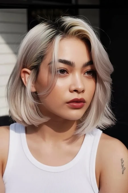 A portrait of a young woman with platinum blonde, shoulder-length hair styled in soft waves, wearing a white tank top. She has a confident expression, showcasing clear skin and subtle makeup, ideal fo.