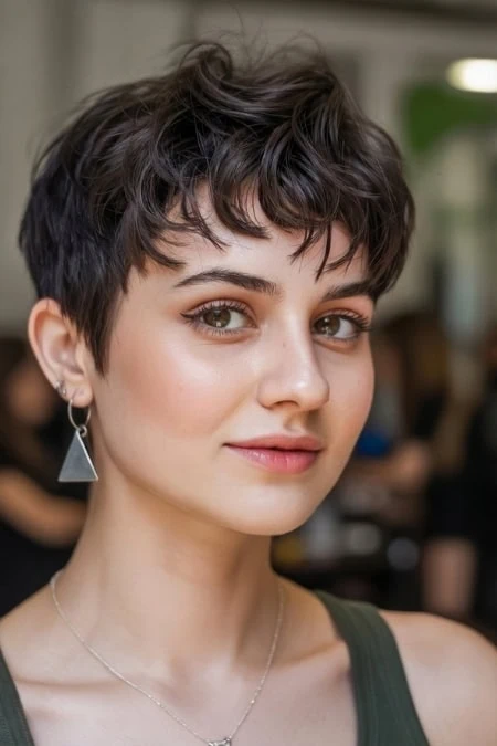 Young woman with a stylish, short, textured haircut and natural makeup, wearing a dark green top and geometric earrings, in a bright, modern indoor setting.