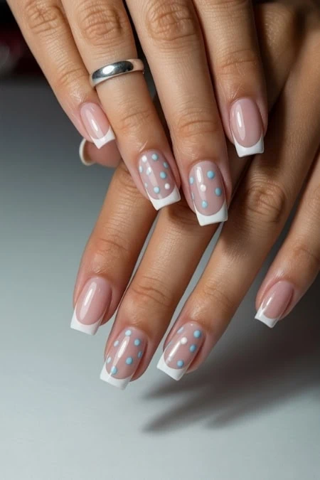Elegant French manicure with polka dot accents on natural nails, showcasing a professional and stylish nail design perfect for beauty and self-care enthusiasts.