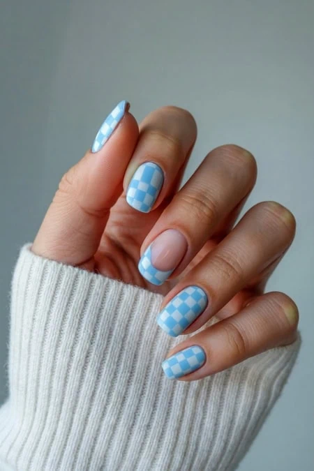 Beautiful blue and white checkered nail design on a well-manicured hand, showcasing trendy and stylish nail art perfect for fashion-forward individuals.