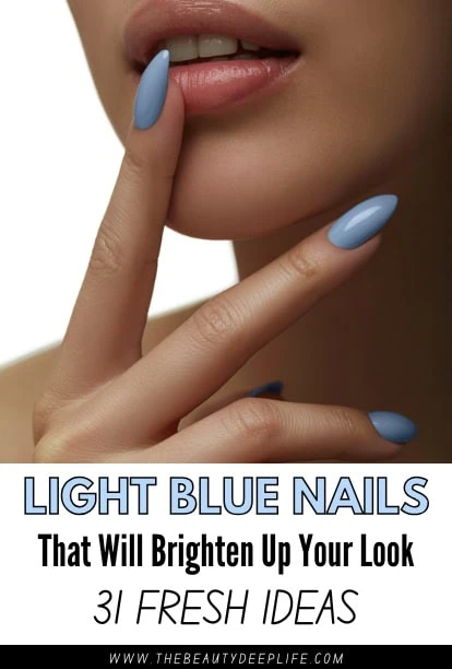Close-up of a woman's hand with light blue manicured nails, finger touching lips, emphasizing trendy nail art and beauty care for a fresh, stylish appearance.