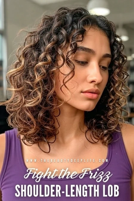 Beautiful woman with shoulder-length curly hairstyle.