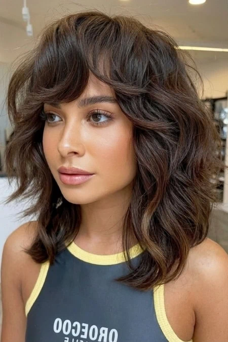 Beautiful woman with shoulder-length, wavy brunette hair and natural makeup, showcasing a stylish and healthy hair look suitable for beauty and hair care content.