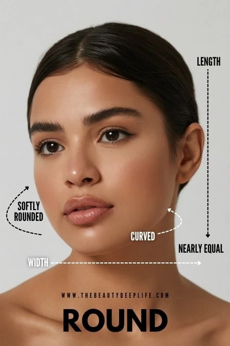 Close-up of a young woman with a round face, smooth skin, and softly rounded features, showcasing natural beauty and skincare. Perfect for beauty, skincare, and facial feature topics.