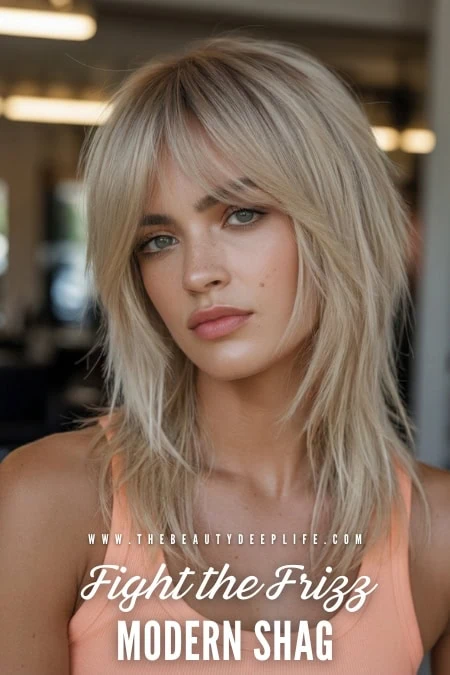 Stylish modern shag haircut on a young woman with blonde layered hair, perfect for a trendy, effortless look. Ideal for hair inspiration and beauty styling.
