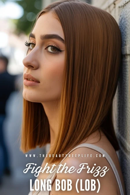 Young woman with straight, long, red-brown hairstyle