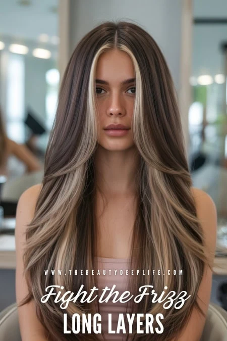 Long layered hair with soft waves, showcasing a healthy, shiny, and voluminous hairstyle perfect for a beauty and hair care website.