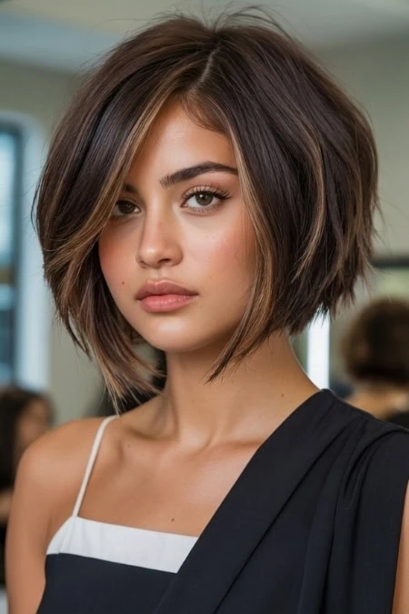 A young woman with a stylish, layered short bob haircut for a round face shape featuring subtle highlights, showcasing a trendy and sophisticated hairstyle suitable for various occasions.