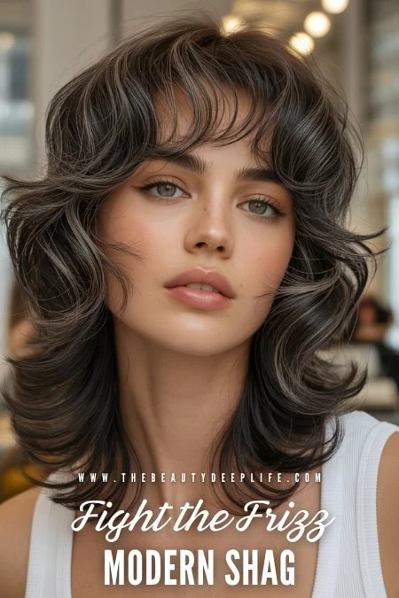 Close-up of a young woman with styled, voluminous, wavy hair showcasing a modern shag haircut, emphasizing hair texture and beauty for haircare and styling inspiration.