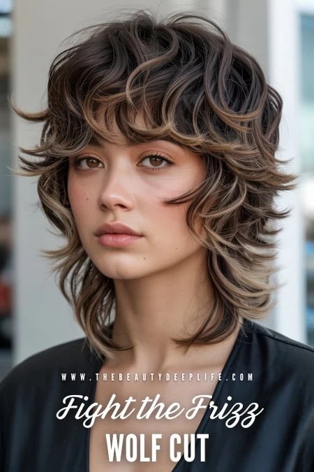 Layered wavy hairstyle with textured, voluminous curls perfect for fighting frizz and achieving a smooth, polished look. Ideal for those seeking a stylish, manageable hairdo.