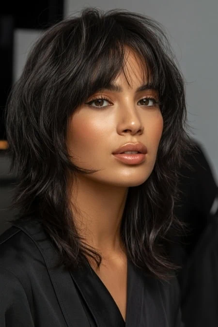 A woman with shoulder-length dark hair styled in loose waves, wearing natural makeup and a black top, posing confidently indoors for a beauty or fashion photoshoot.