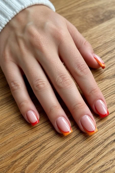 A detailed close-up of a well-manicured hand with stylish red and orange gradient nail polish resting on a wooden surface, showcasing nail art and grooming.