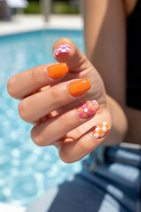 Brightly painted manicure with colorful checkered and floral patterns, held up near a swimming pool, showcasing summer fashion accessories for a vibrant, trendy look.