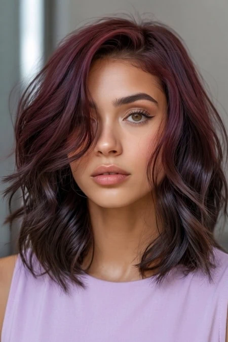 A woman with shoulder-length, wavy hair dyed in shades of burgundy and dark purple, wearing a light purple top, with natural makeup and a neutral expression, indoors with soft lighting.