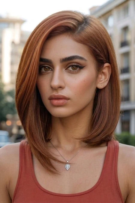 A woman with shoulder-length auburn hair, natural makeup, and a confident expression, wearing a rust-colored tank top and a delicate necklace, standing outdoors in an urban setting.